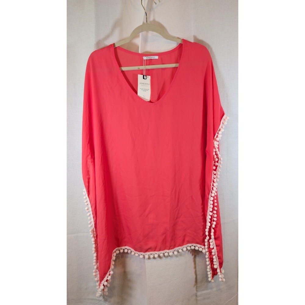 Adreamly Pink Pom Pom Kaftan Swim Cover Up Chiffon V-Neck Beach Poncho Tunic
